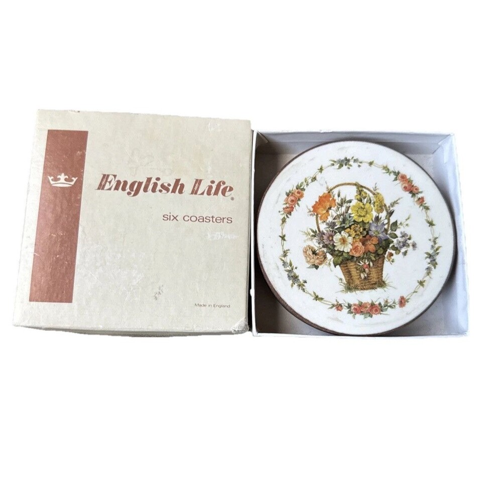 English Life Flower Basket Cork Backed Drink Coasters 9204 4.5" Round Vtg Nice!